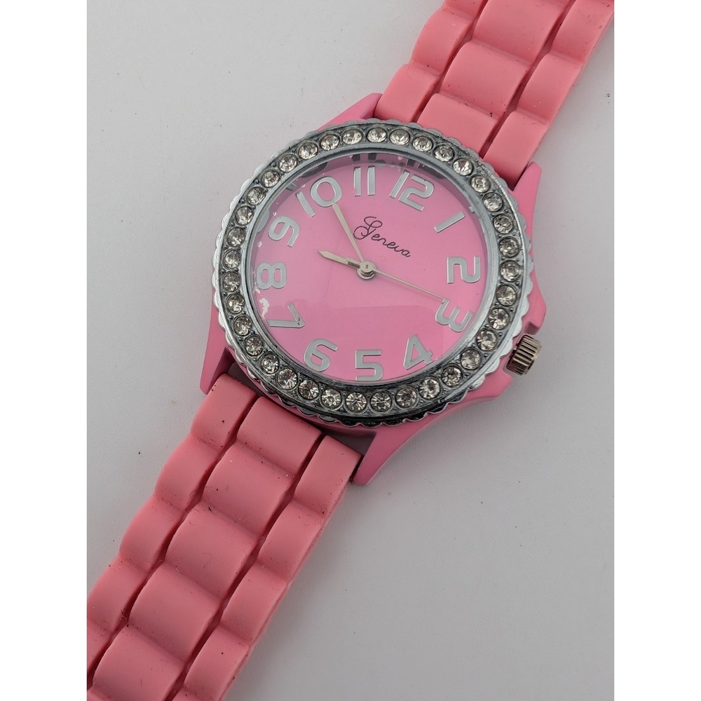 Geneva Watch Women 38mm Case Crystal Bezel Pink Silicone Band- New Battery